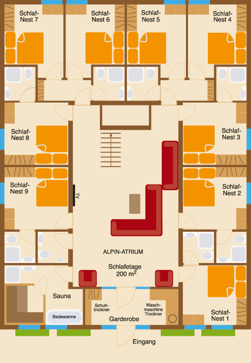 Grundriss vom Erdgeschoß mit Schlafnestern, Alpin Atrium und Sauna im Alpin Chalet XL.