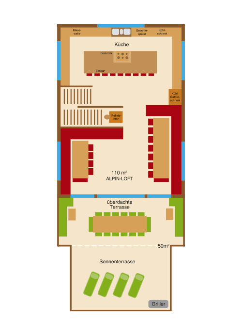 Grundriss von Alpin Loft, Küche und Terrasse im Alpin Chalet Large.